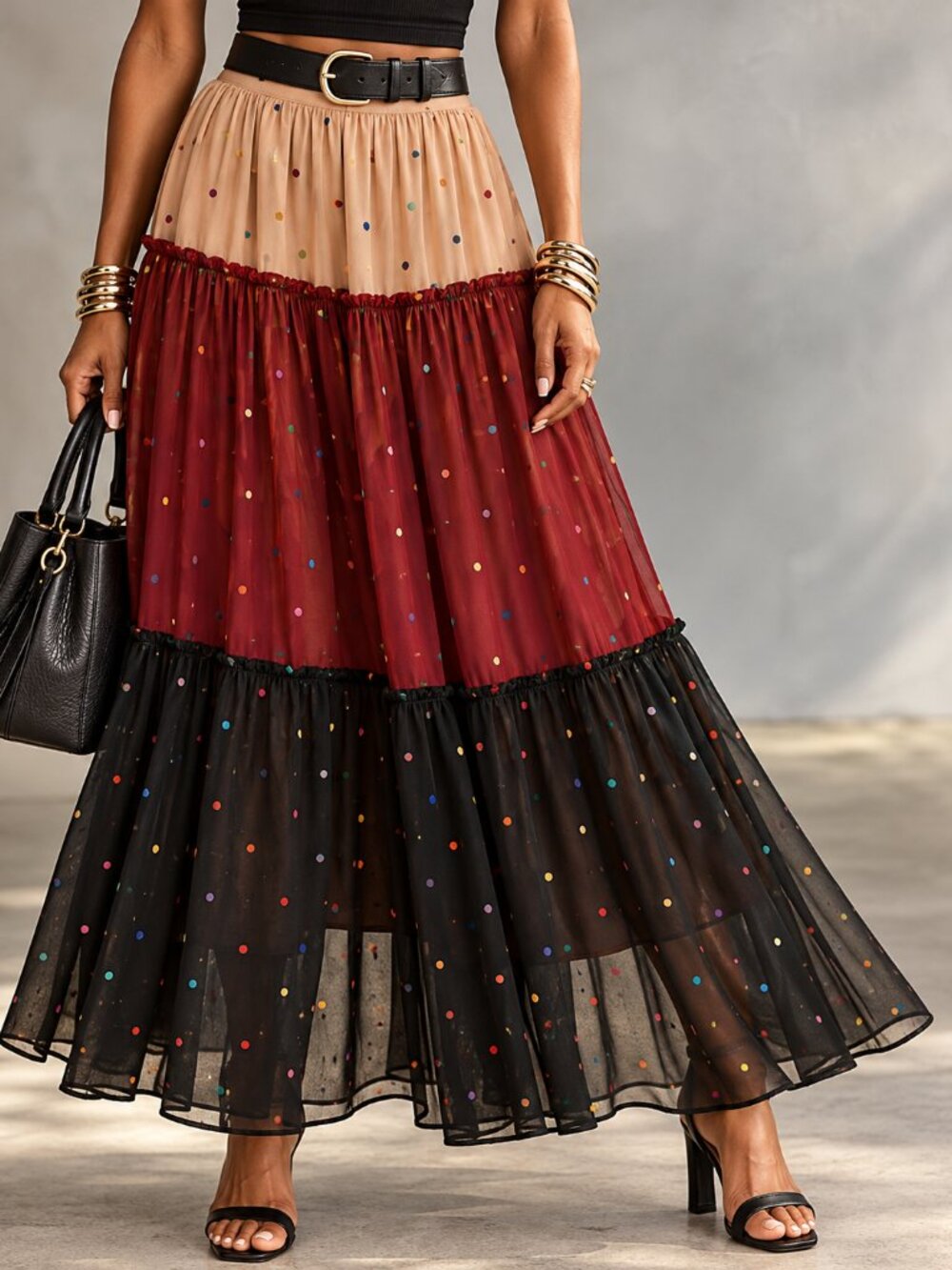 Farm Rio Mixed Dot Colorblock Maxi Skirt Multicolor Viscose Size M